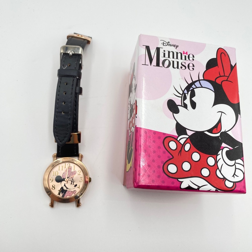 Disney Minnie Mouse Rose Gold Watch with Box Kids Black Band Needs Pin Untested